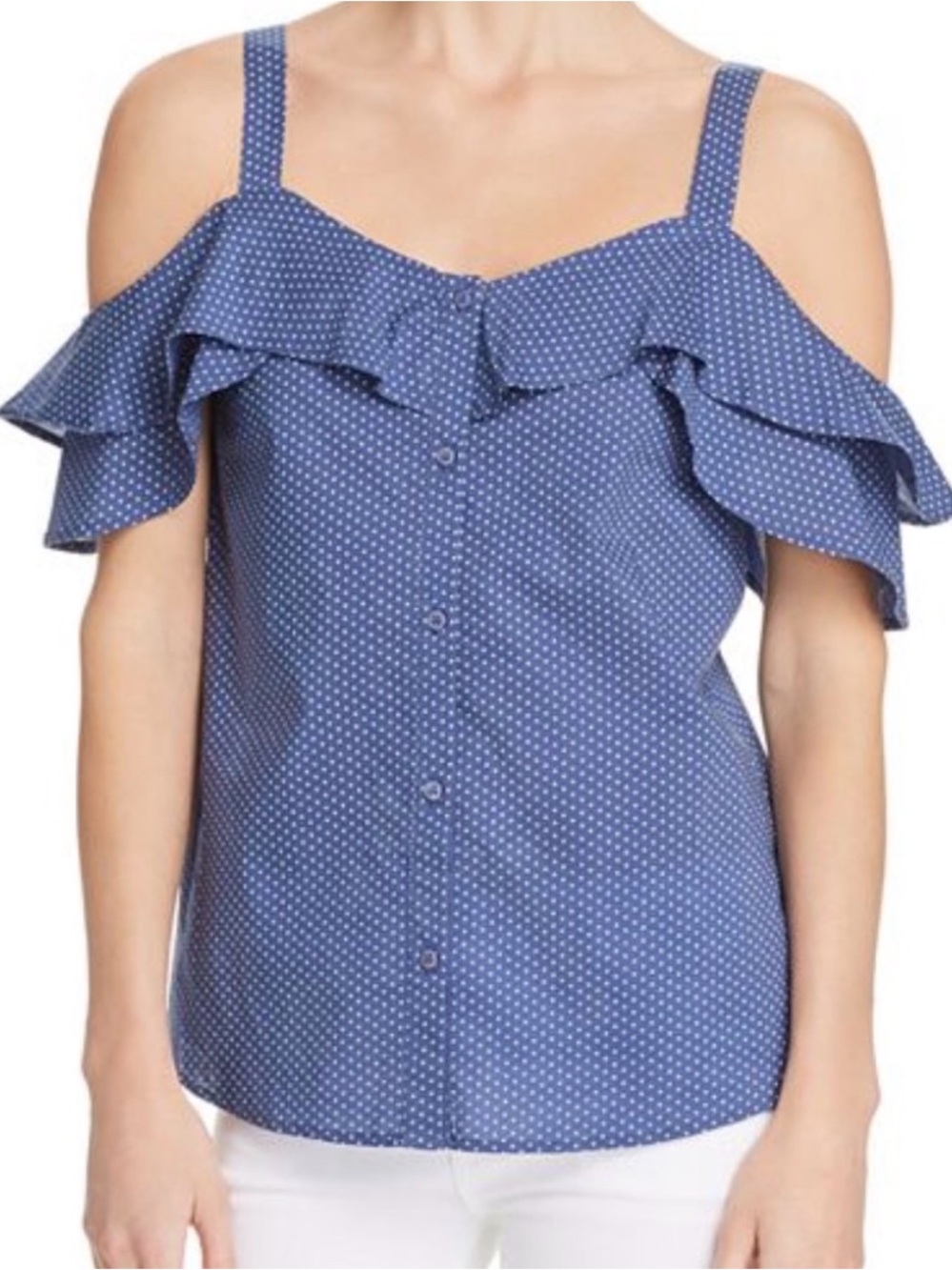 Paige Denim Cleve Blue White Polka Dot Cold Shoulder Ruffle Blouse Size Small